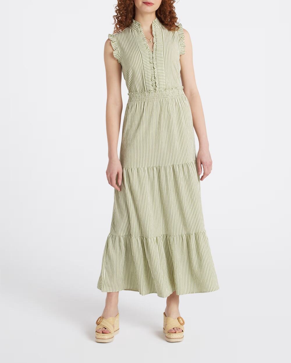 Maggy London Green Stripe Seersucker Ruffle Neck Tiered Maxi Dress Size 8
